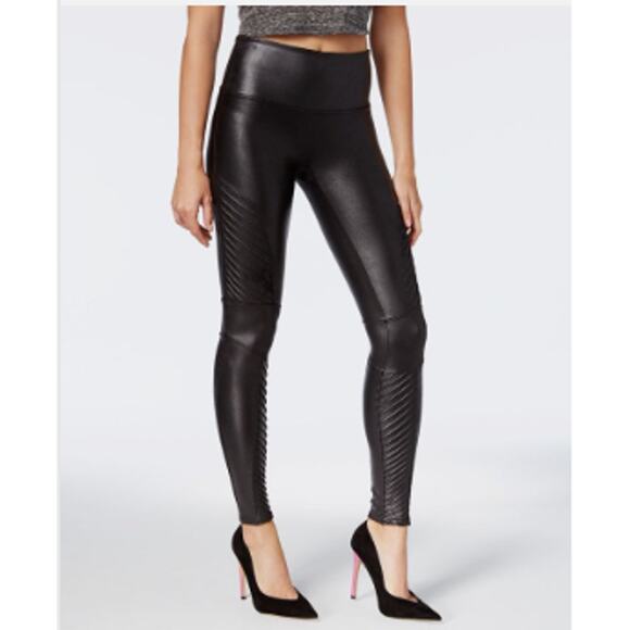 Spanx Faux Leather Moto Leggings Black Coated Wide Waistband Nylon M - Picture 1 of 5